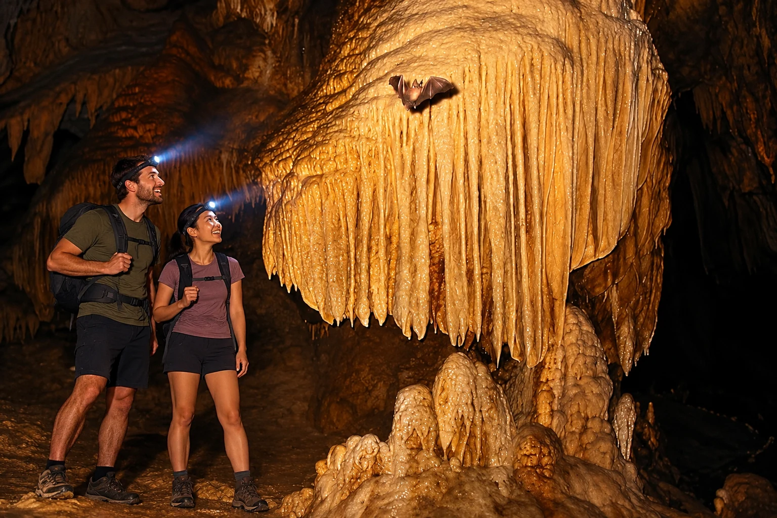 Tourists with headlamps beside a jellyfish-shaped cave formation